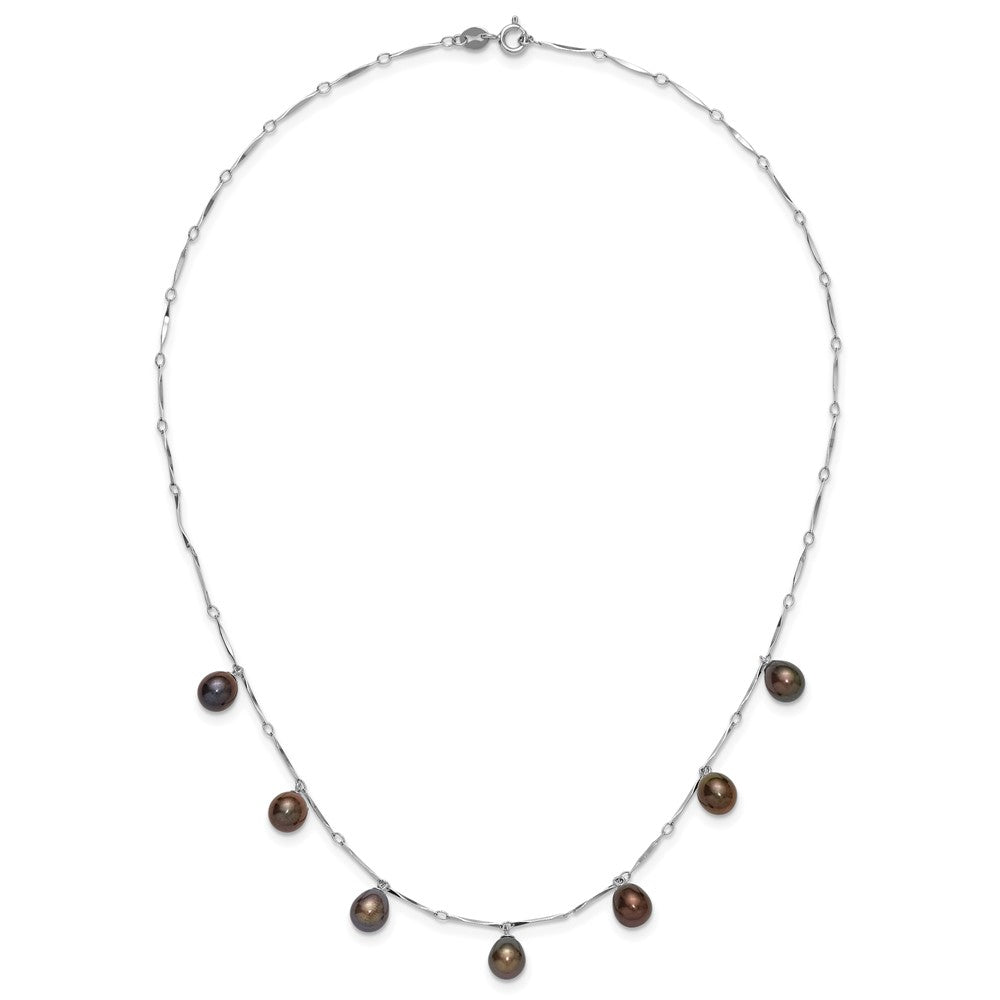 Sterling Silver Rhodium-plated 7-8mm Black Teardrop Freshwater Cultured Pearl Dangle 7-Station 17.5 inch Necklace 17.5 Inches
