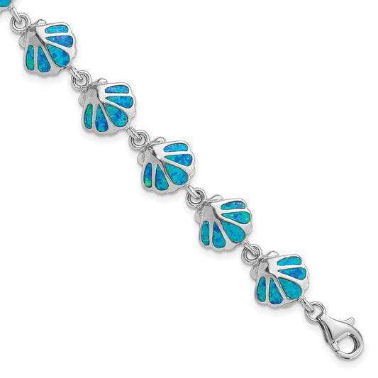Sterling Silver Rhodium-plated 7in Created Blue Opal Inlay Shell Bracelet 7 inches