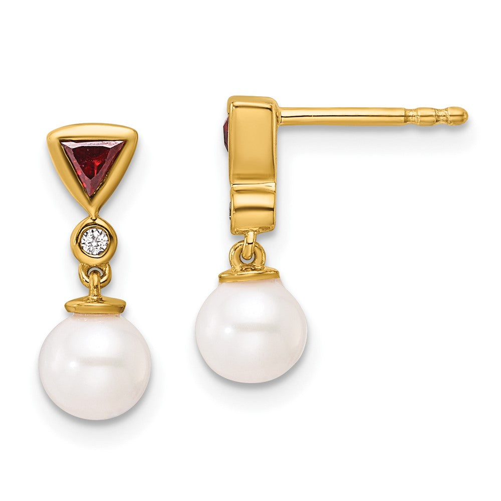 14K Gold Polished Diamond, Ruby & Pearl Dangle Post Earrings