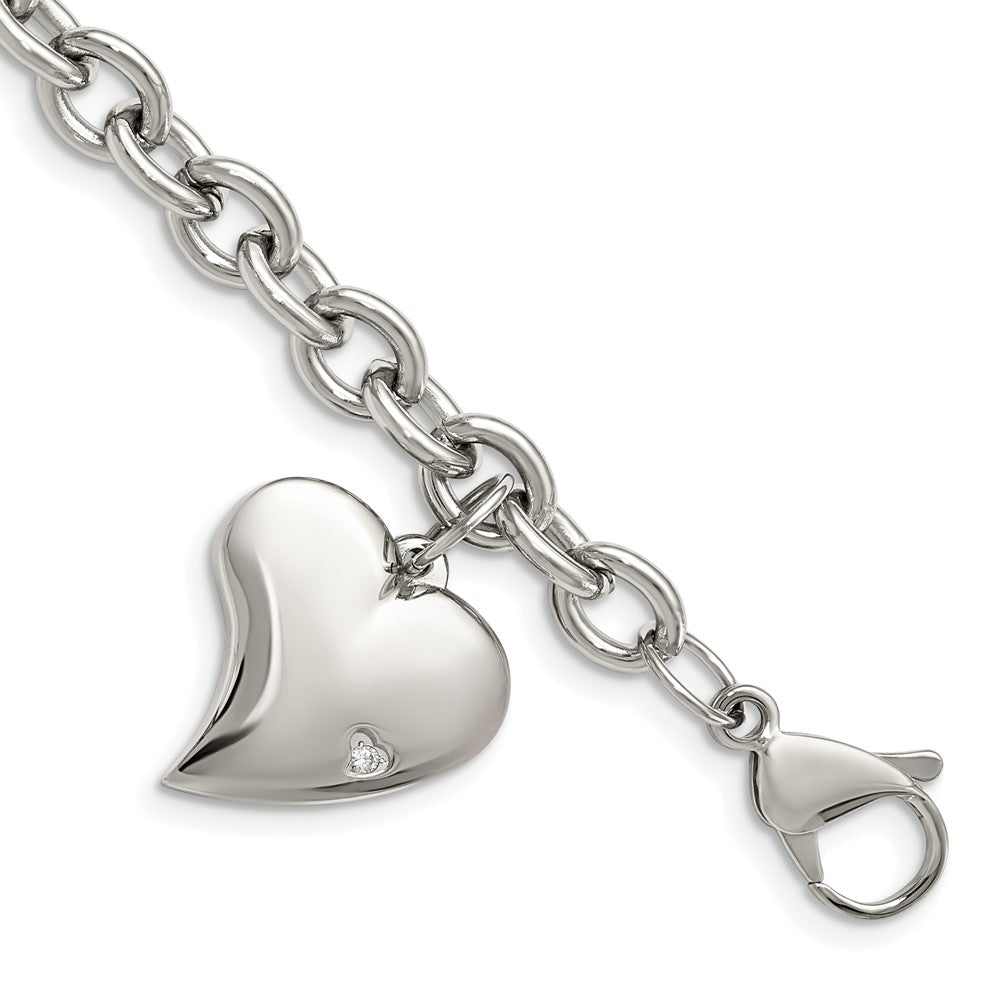 Stainless Steel Polished Link with CZ Heart Dangle Charm 7.5 inch Bracelet 7.25 inches