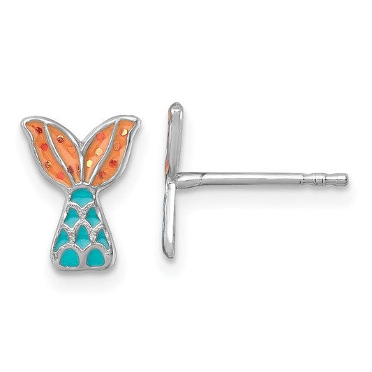 Sterling Silver Madi K Rhodium-plated Enameled Mermaid Tail Childrens Post Earrings