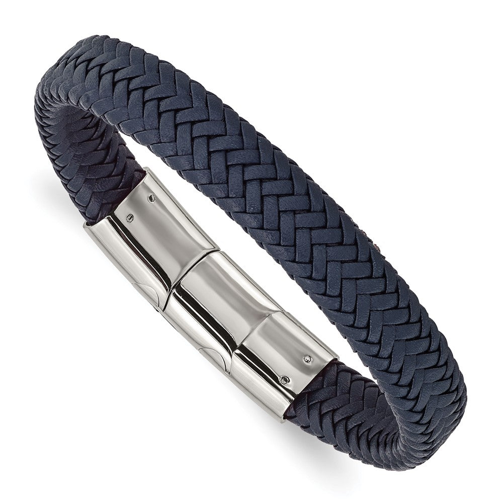 Stainless Steel Polished Navy Blue Leather 7.75in w/.5in ext Bracelet 7.25 inches