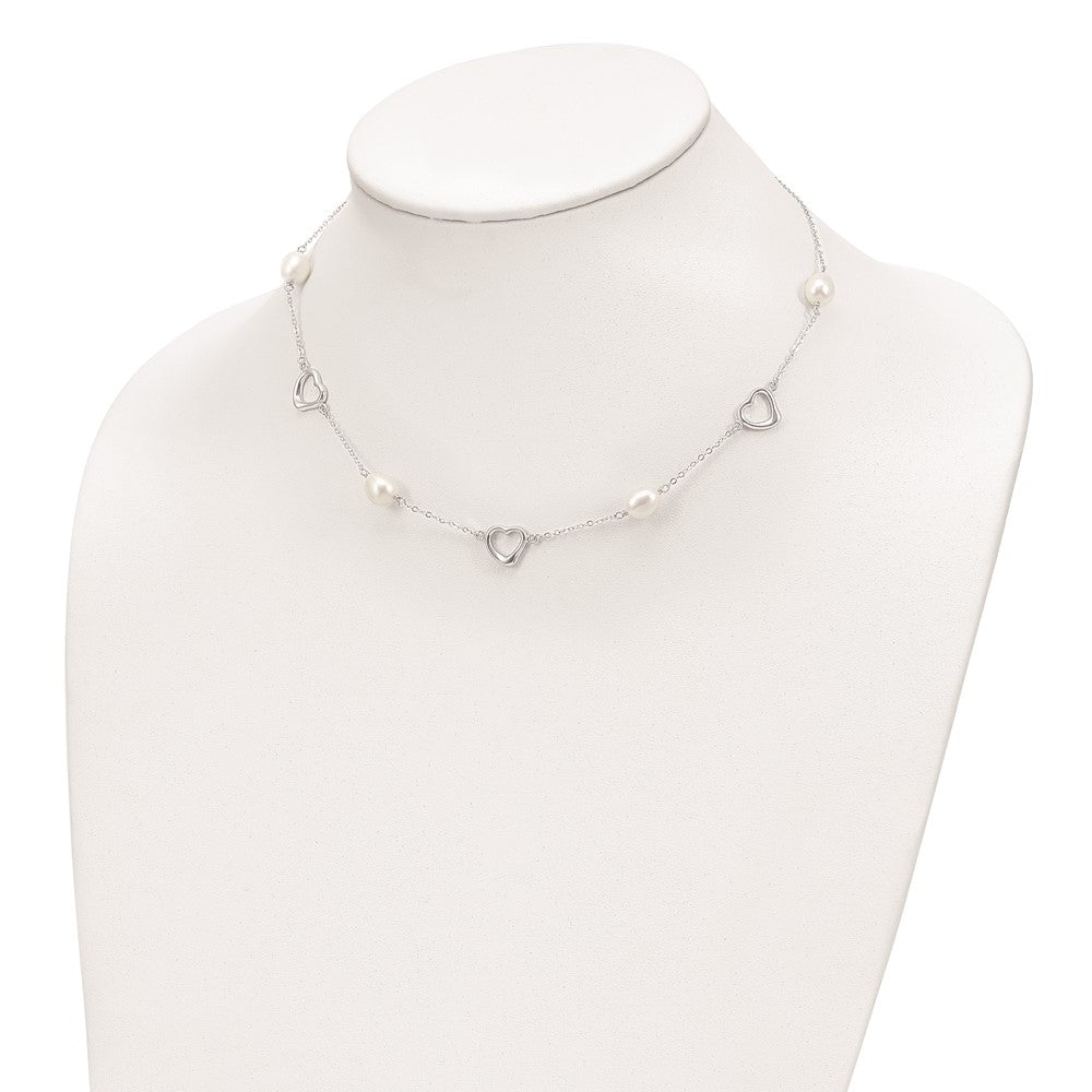 Sterling Silver Rhodium-plated 7-8mm White Teardrop Freshwater Cultured Pearl and Hearts 17 inch with 2 inch Extension Necklace 17 Inches