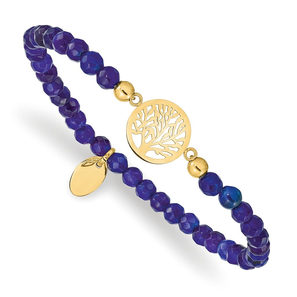 Stainless Steel Polished Yellow IP Tree of Life Blue Jade Stretch Bracelet 6.5 inches