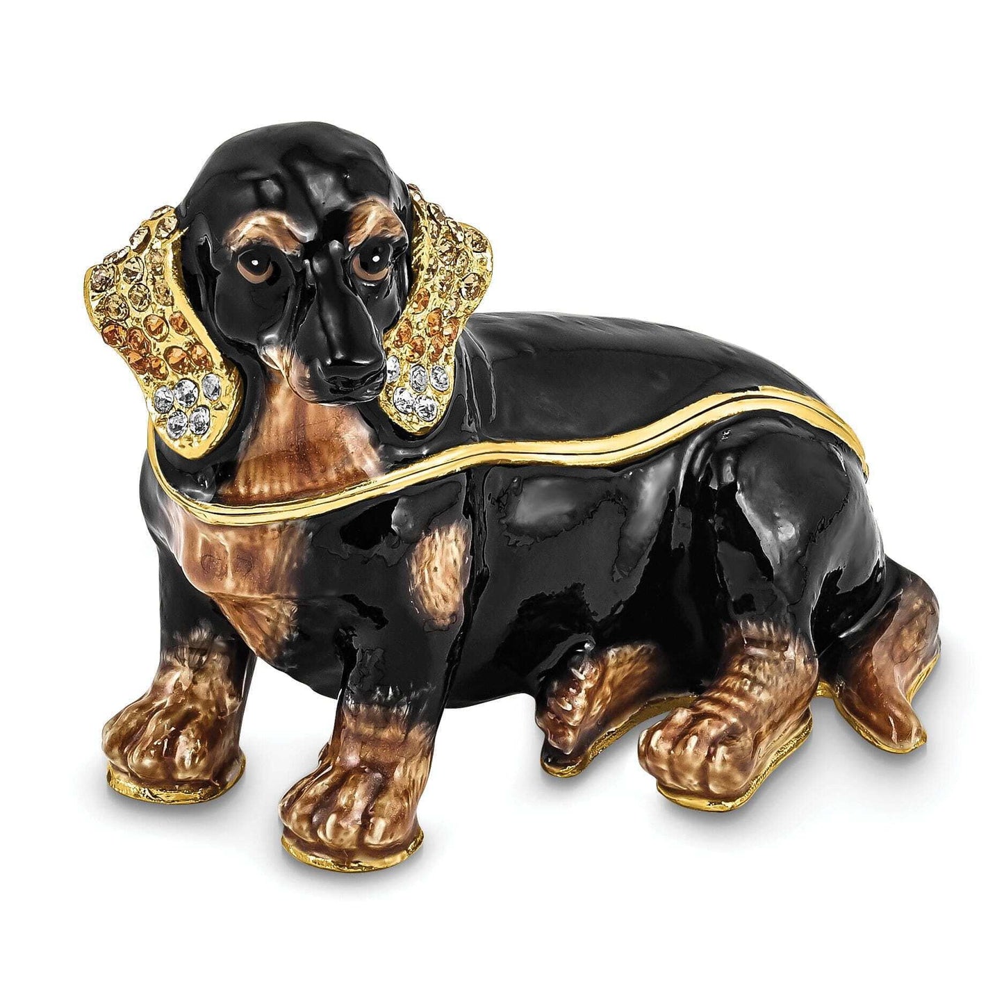 Luxury Giftware Pewter Bejeweled Crystals Gold-tone Enameled REGAN Dachshund Trinket Box with Matching 18 Inch Necklace Q-BJ4058