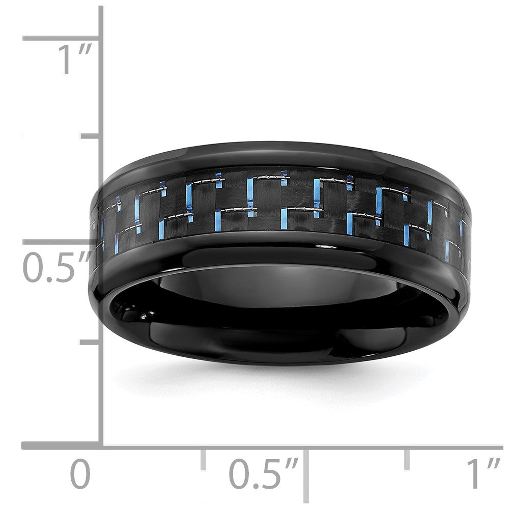 Black Titanium Polished with Black & Blue Carbon Fiber Inlay 8mm Band Size - 9