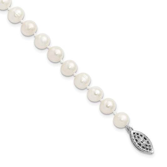 Sterling Silver Rhodium-plated 6-7mm White Near-Round Freshwater Cultured Pearl 7.25 inch Bracelet 7.25 inches