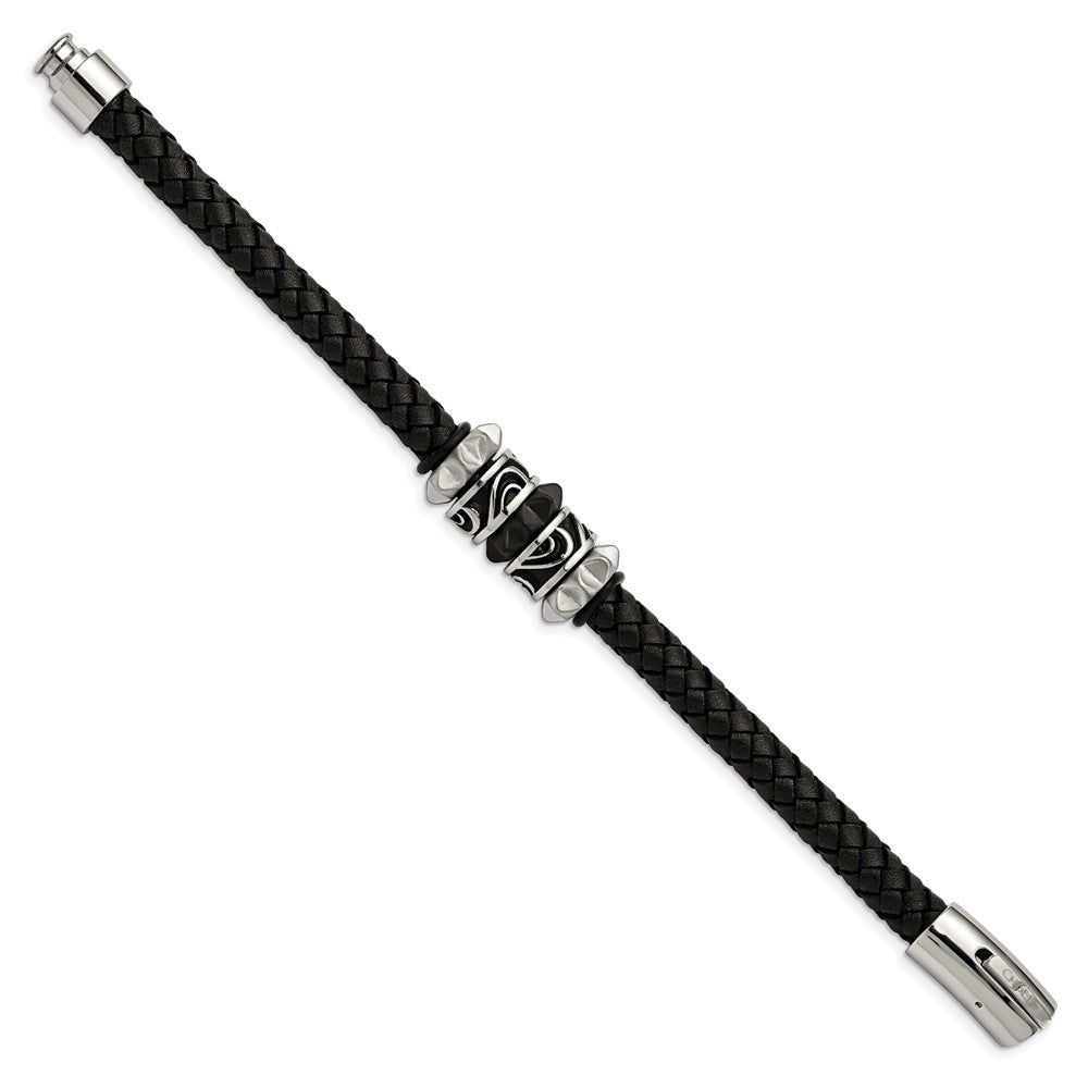 Stainless Steel Antiqued Brushed & Polished Black IP Leather Bracelet 8.5 inches