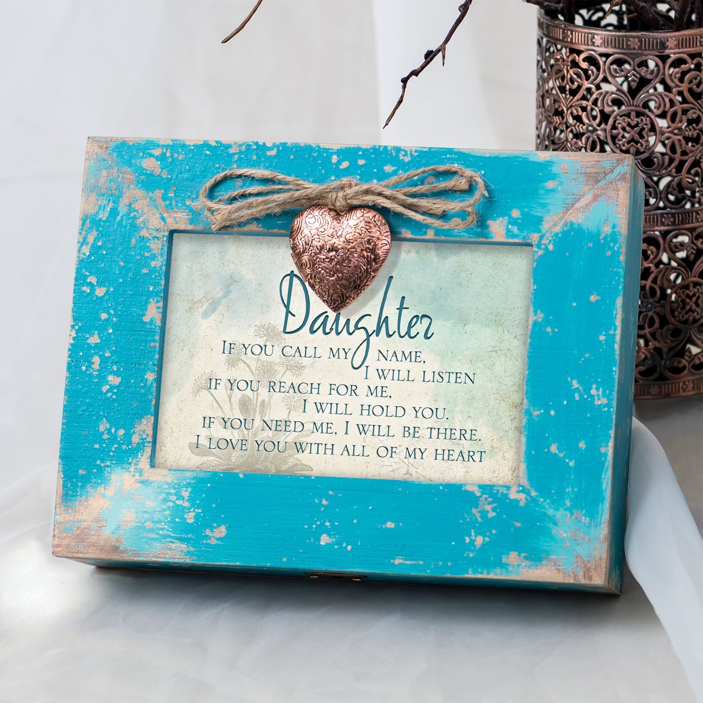 Daughter Love You All My Heart Teal Wood Locket Jewelry Music Box Plays Tune Wonderful World