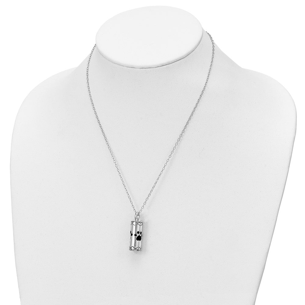 Sentimental Expressions Sterling Silver Rhodium-plated Antiqued Cylinder with Paws Ash Holder 18 Inch Necklace 18 Inches