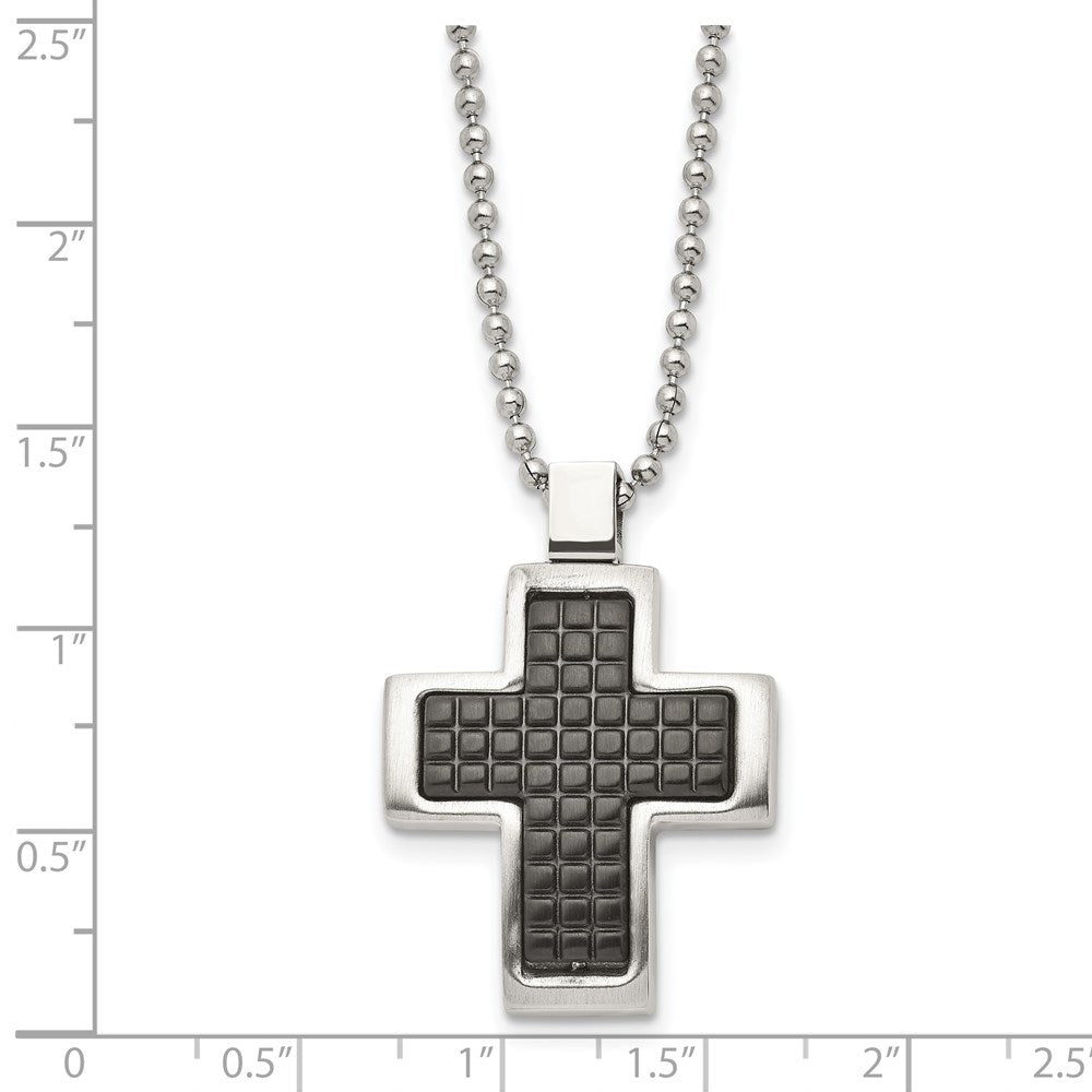 Stainless Steel Brushed Polished & Textured Black IP-plated Cross Necklace