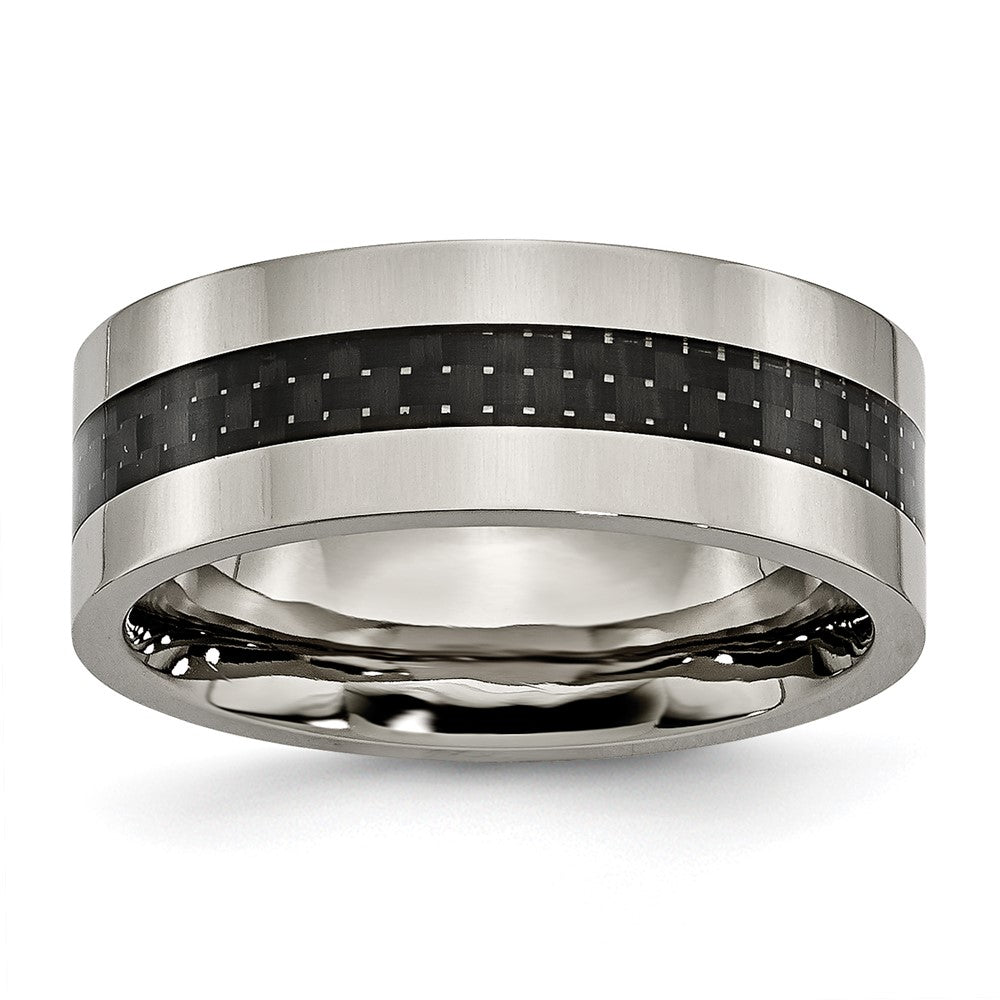 Titanium Polished w/Black Carbon Fiber Inlay Flat 8mm Band Size - 11
