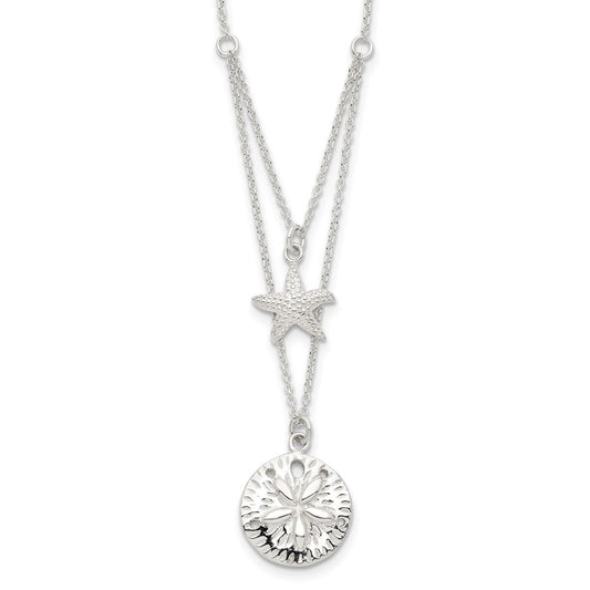 Sterling Silver Starfish and Sand Dollar 18 inch 2-strand Necklace 18 Inches