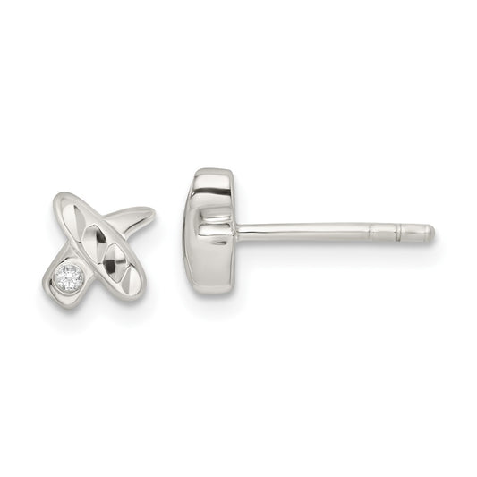 Sterling Silver Polished D/C X CZ Post Earrings