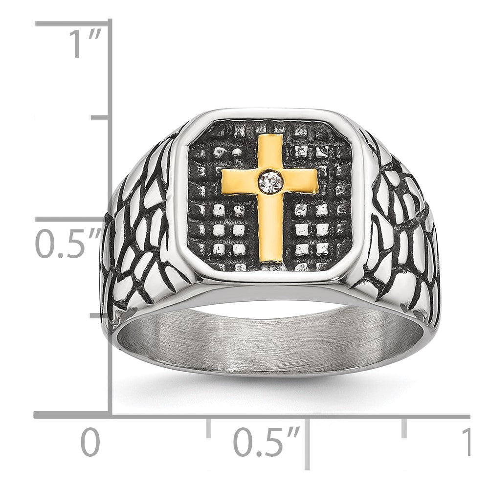 Chisel Stainless Steel Antiqued and Polished Yellow IP-plated with CZ Cross Signet Ring Size - 10