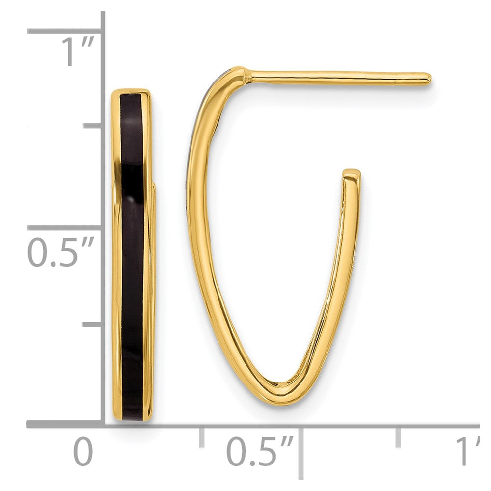 14K Polished with Black Enamel Oval J-hoop Post Earrings