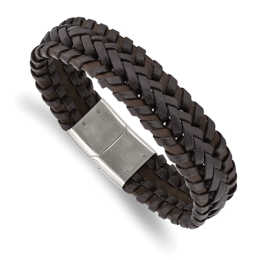 Stainless Steel Polished Braided Brown Leather 8.5in Bracelet 8.5 inches