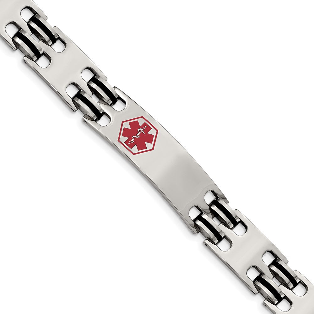 Stainless Steel Black Rubber Red Enamel 8.25in Medical ID Bracelet 8.25 inches