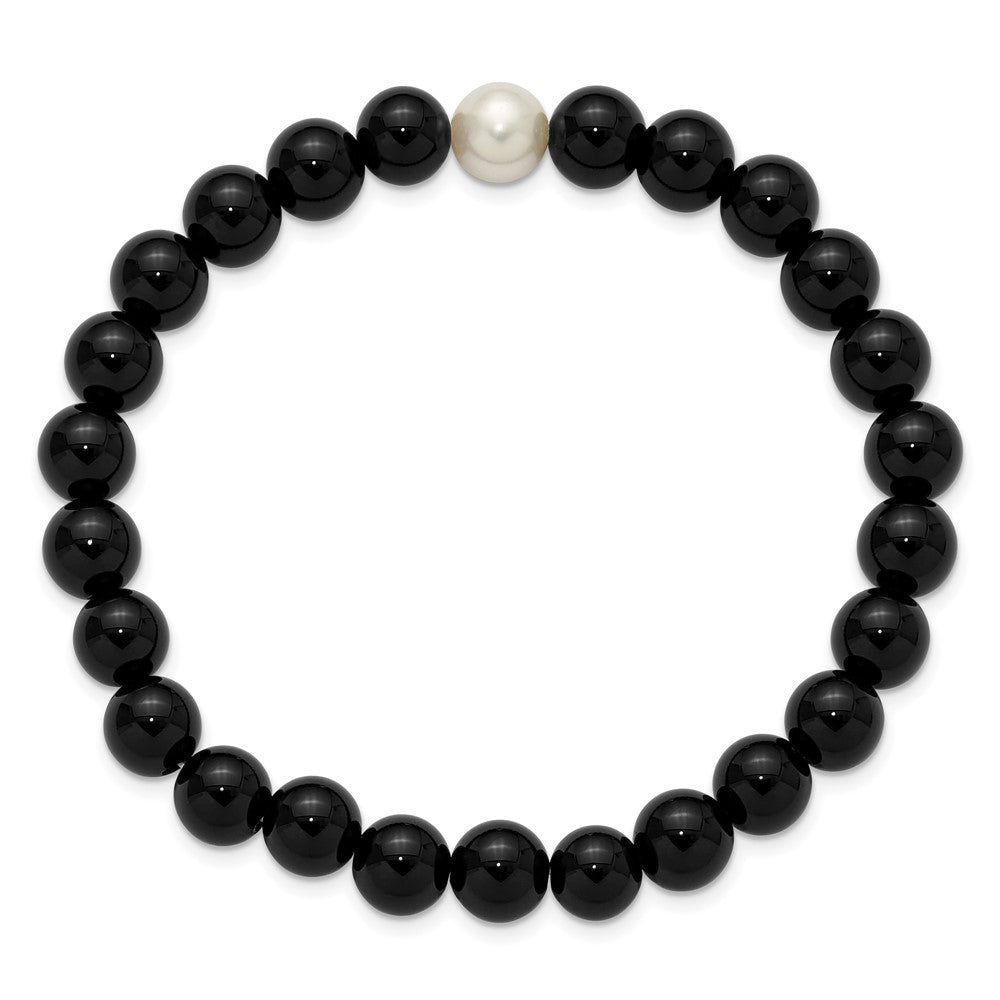 Chisel 8-9mm Black Onyx and White Freshwater Cultured Pearl Beaded 7.25 inch Stretch Bracelet 8 inches