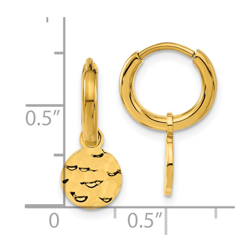 Stainless Steel Polished Hammered Yellow IP Circle Dangle Hoop Earrings