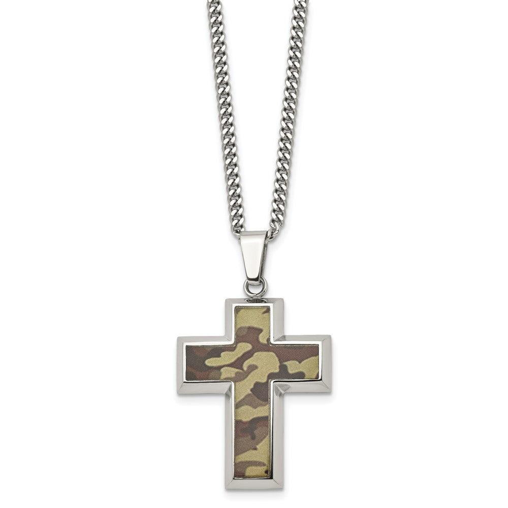 Stainless Steel Polished Printed Brown Camo Under Rubber Cross Necklace