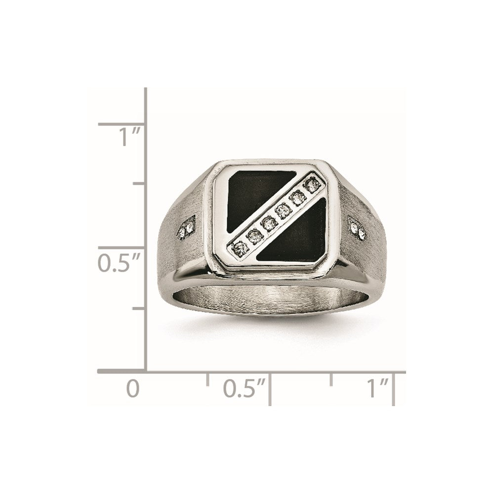 Stainless Steel Brushed and Polished w/Black Enamel CZ Ring Size - 11