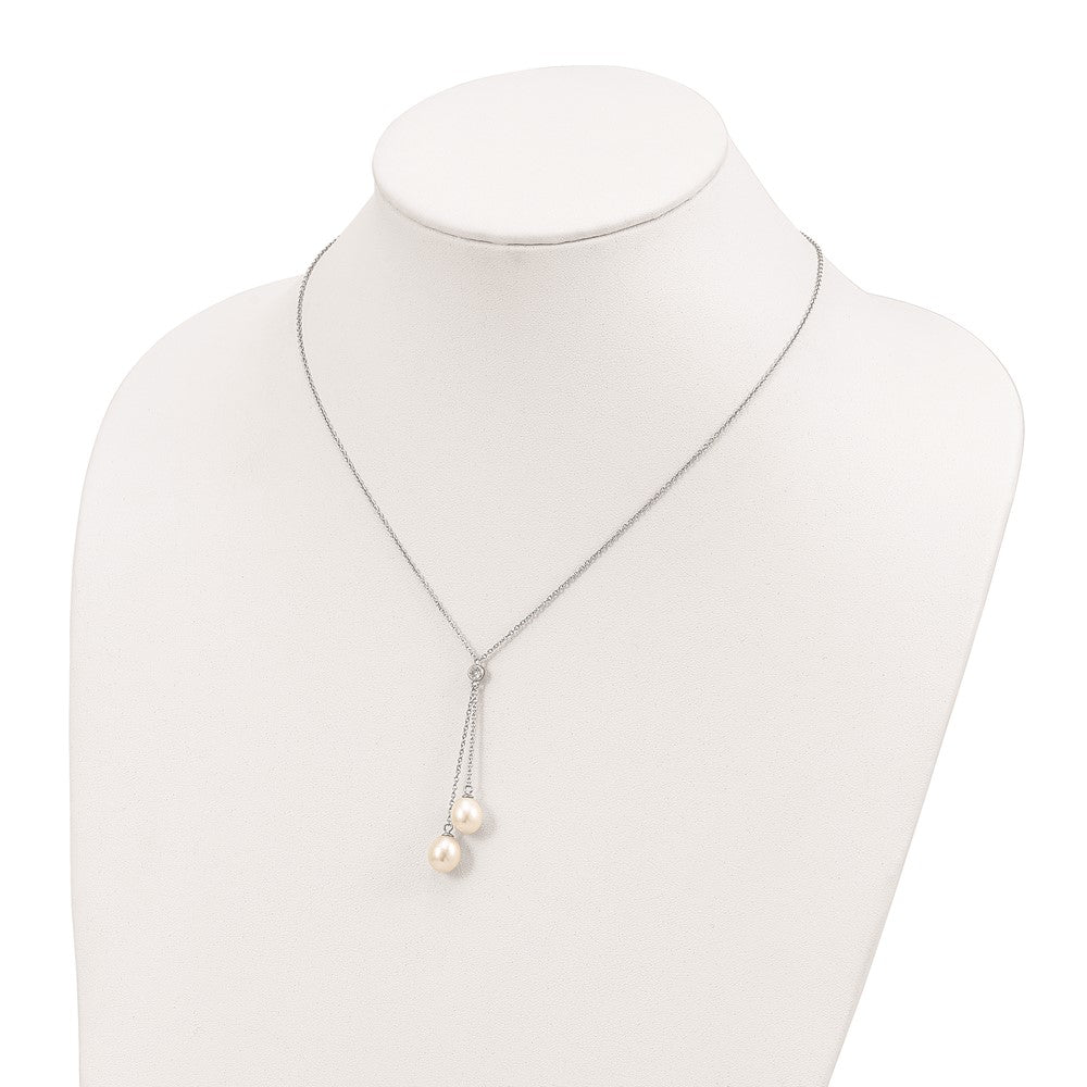 Sterling Silver Rhodium-plated 8-9mm White Rice Freshwater Cultured Pearl and CZ Dangle 18 inch Necklace 18 Inches