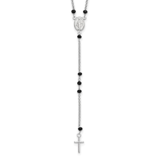 Sterling Silver Rhodium-plated Black Beaded Rosary w/1.25in .ext Necklace 19 Inches