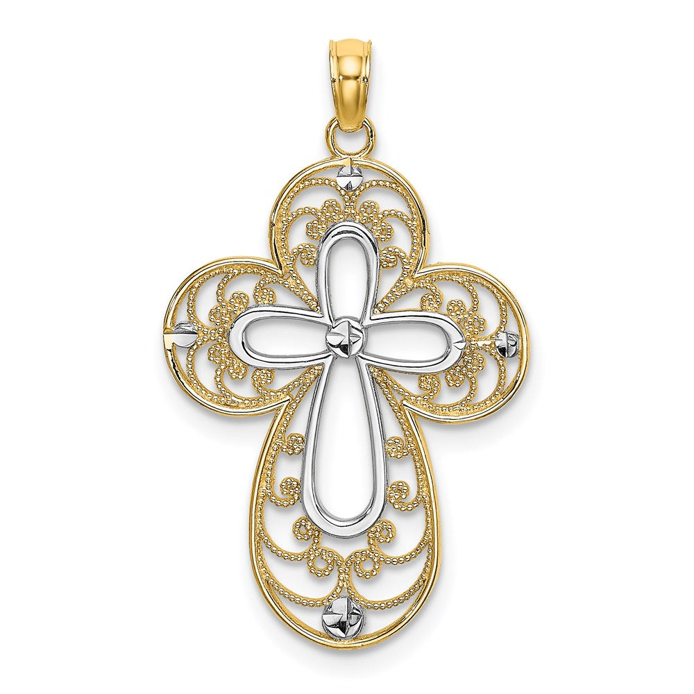 14K W/ Rhodium D/C Filigree Cross Charm