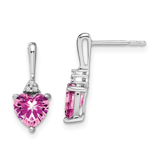 14k White Gold Created Pink Sapphire and Diamond Heart Earrings