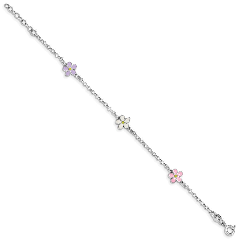 Sterling Silver RH-plated Enameled Flower w/ .75in Ext. Children's Bracelet 7 inches