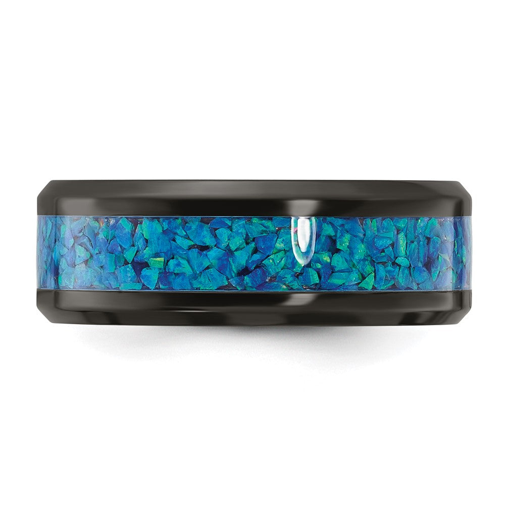 Black Zirconium Polished with Blue Imtitation Opal Inlay 8.00mm Band Size - 7