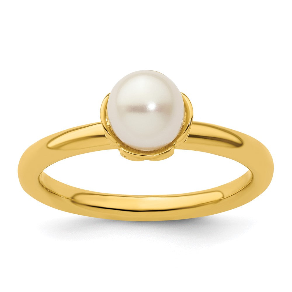 Sterling Silver Stack Exp. White FW Cultured Pearl Gold-plated Ring Size -7