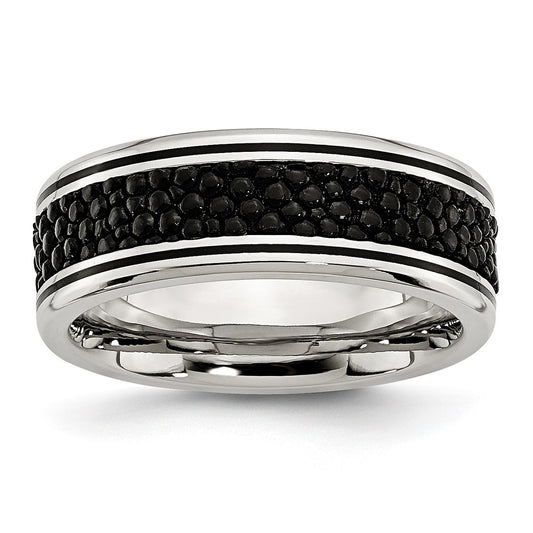 Stainless Steel Polished Grooved/Genuine Stingray Textured 8mm Band Size - 8.5