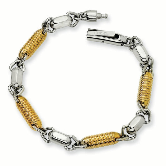 Stainless Steel Gold IP-plated Accent Barrel Link 8.5in Bracelet
