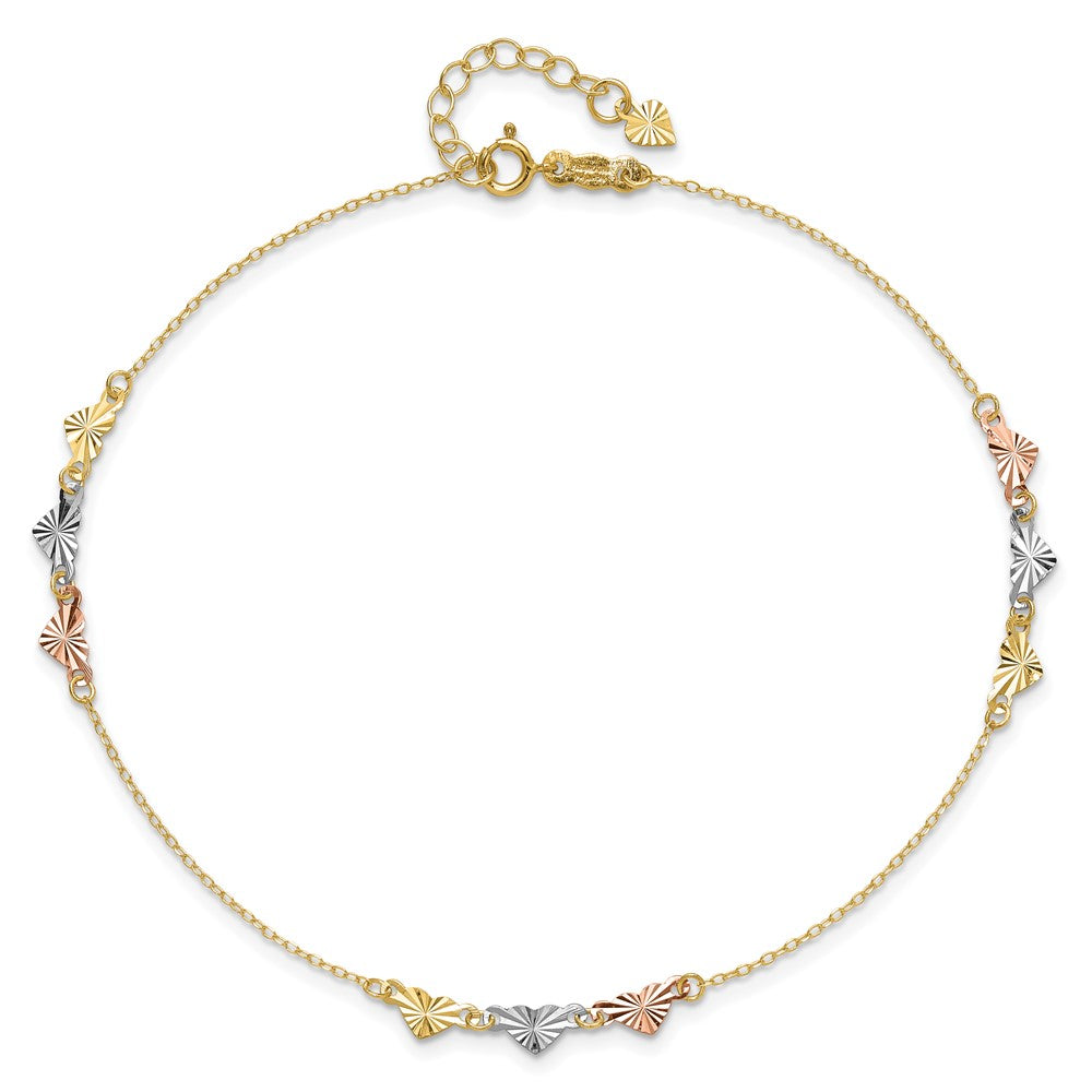 14K Tri-Color Diamond-cut Hearts 9in Plus 1in ext  Anklet 9 inches