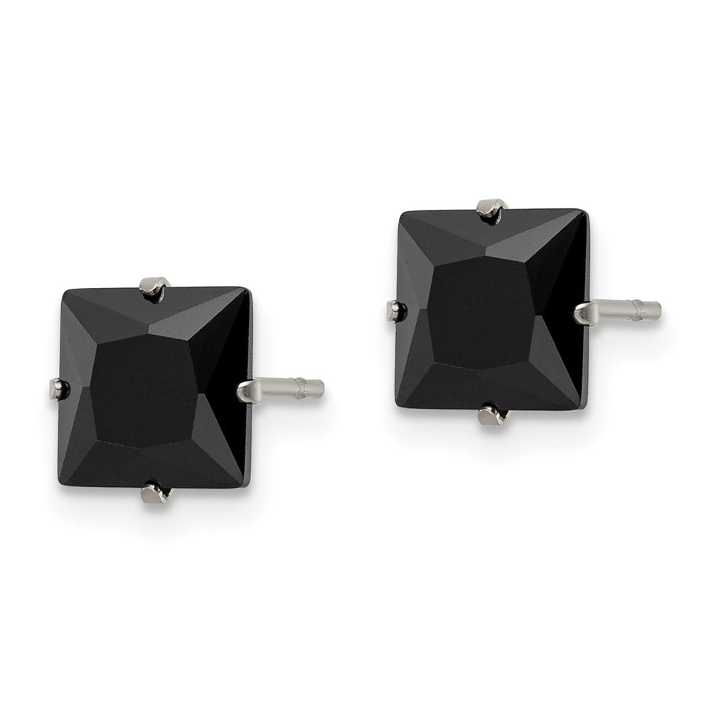 Stainless Steel Polished 7mm Black Square CZ Stud Post Earrings