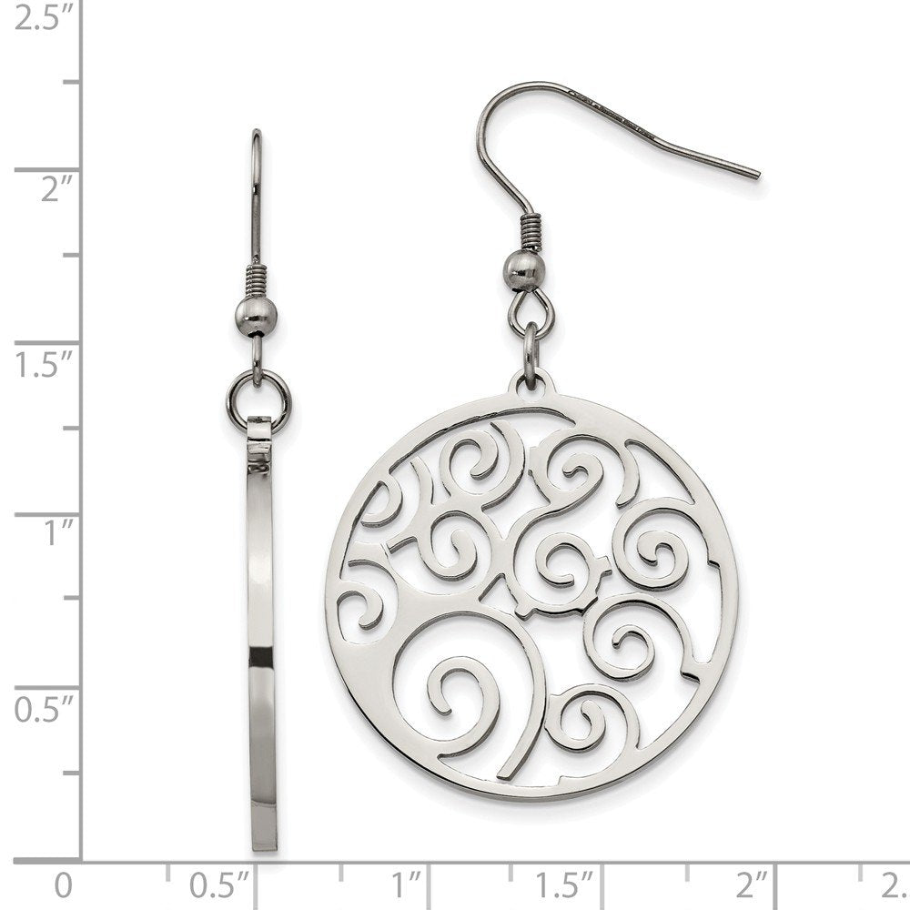 Stainless Steel Polished Fancy Swirl Cut out Dangle Shepherd Hook Earrings