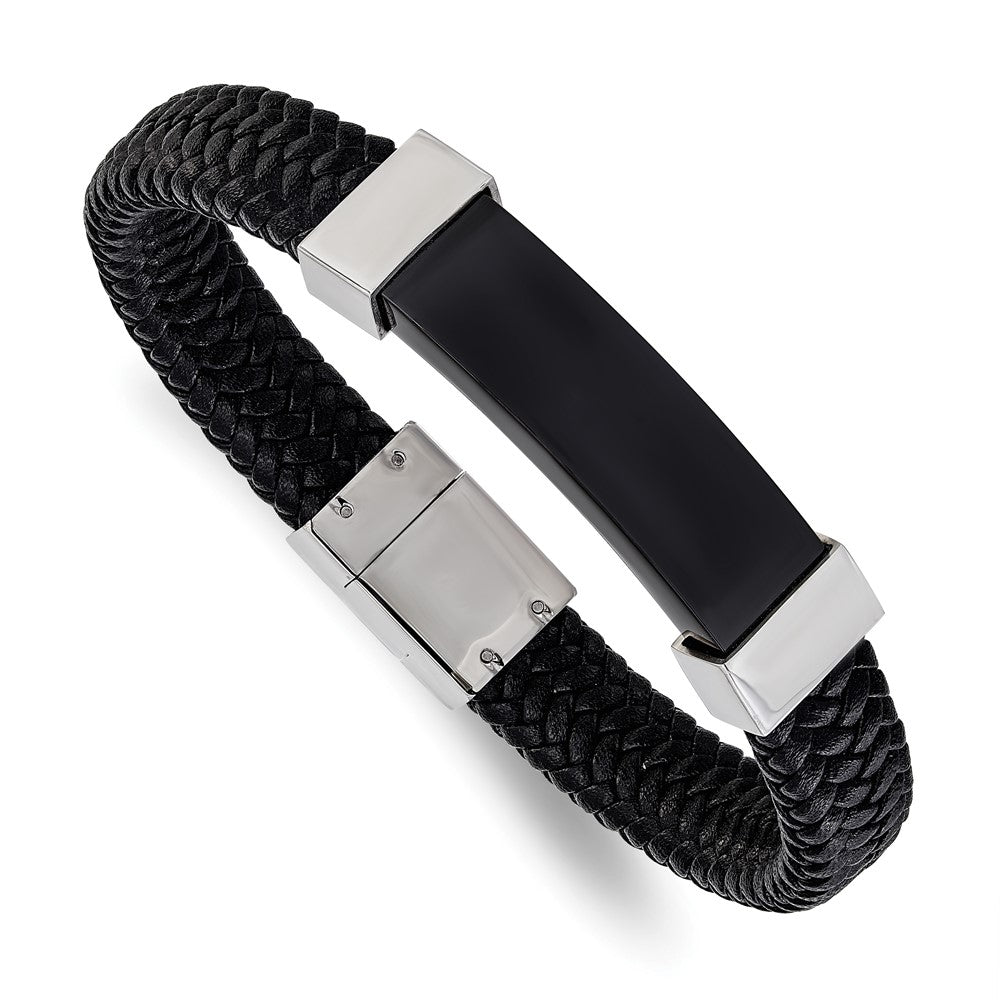 Stainless Steel Polished Black IP-plated Black Leather 8.5in Bracelet 8.5 inches