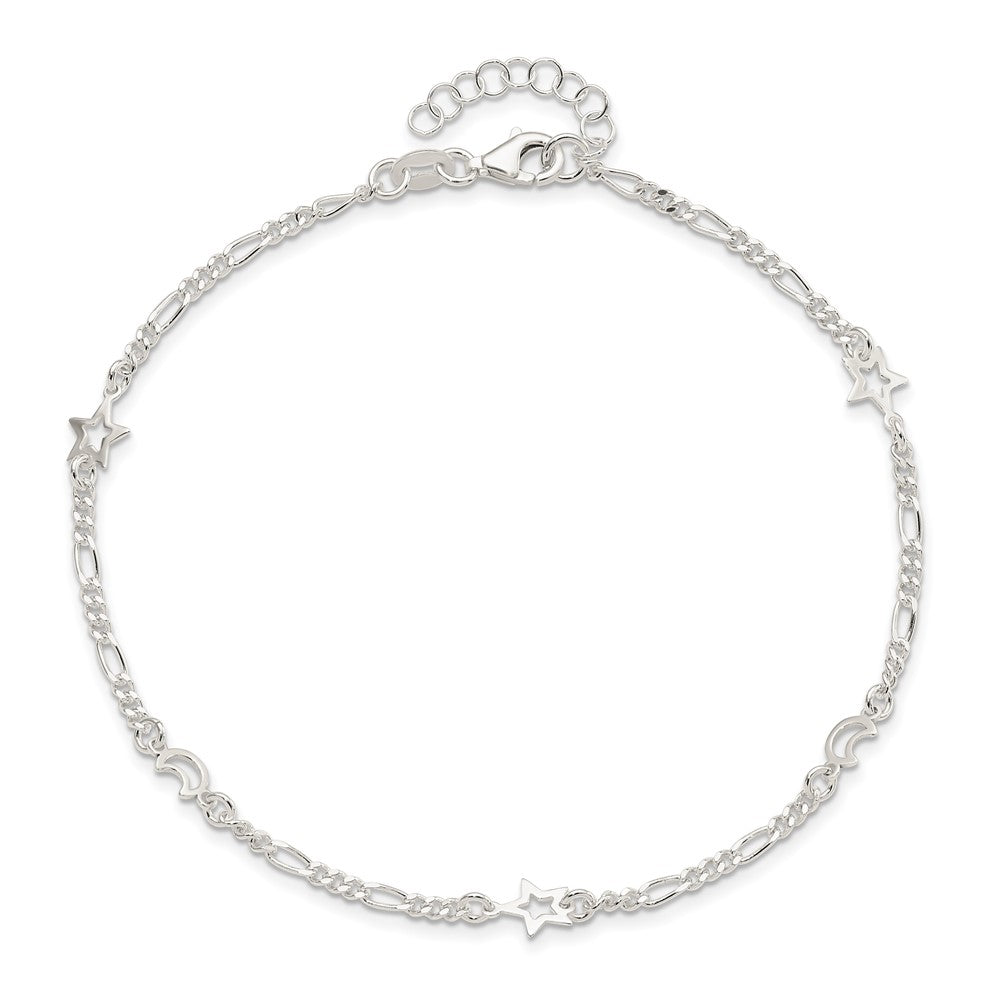 Sterling Silver Polished Moon and Star 9in Plus 1in Ext. Anklet 9 inches