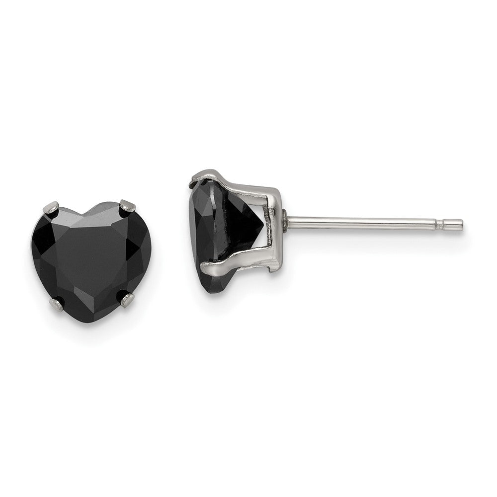 Stainless Steel Polished 7mm Black Heart CZ Stud Post Earrings