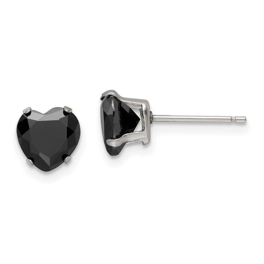 Stainless Steel Polished 7mm Black Heart CZ Stud Post Earrings