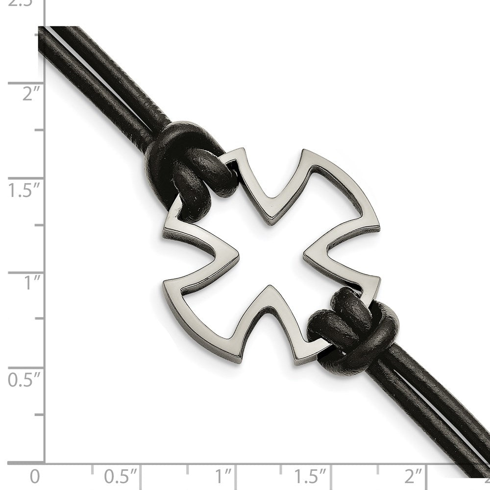 Stainless Steel Antiqued and Polished Cross Black Leather 8.25in Bracelet 8.25 inches