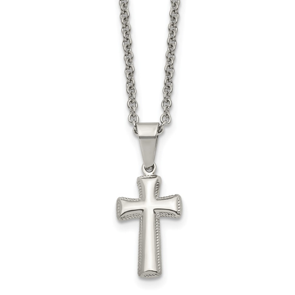 Stainless Steel Polished Small Pillow Cross 18in Necklace