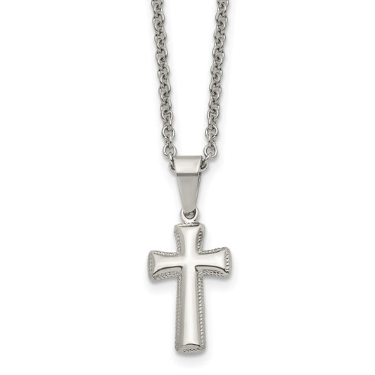 Stainless Steel Polished Small Pillow Cross 18in Necklace