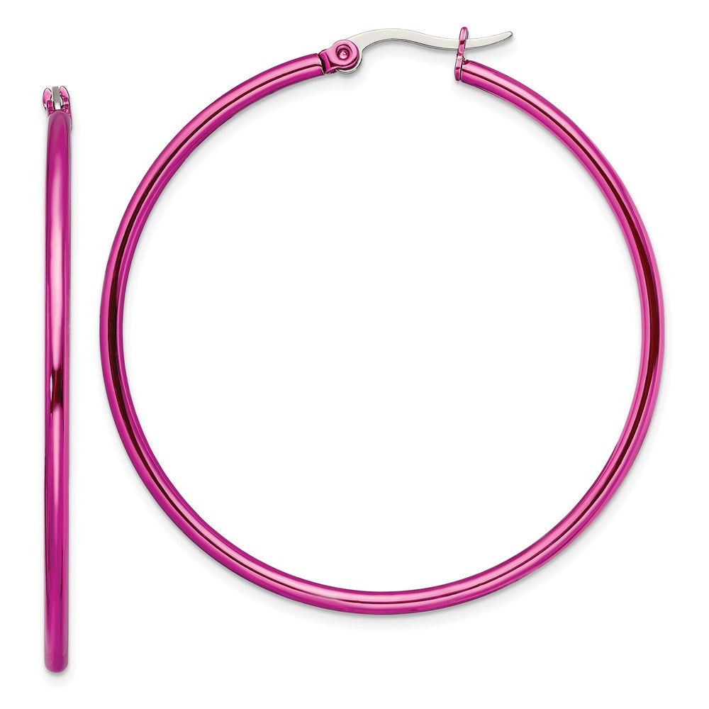 Stainless Steel Polished Pink IP-plated 48mm Diameter Hoop Earrings