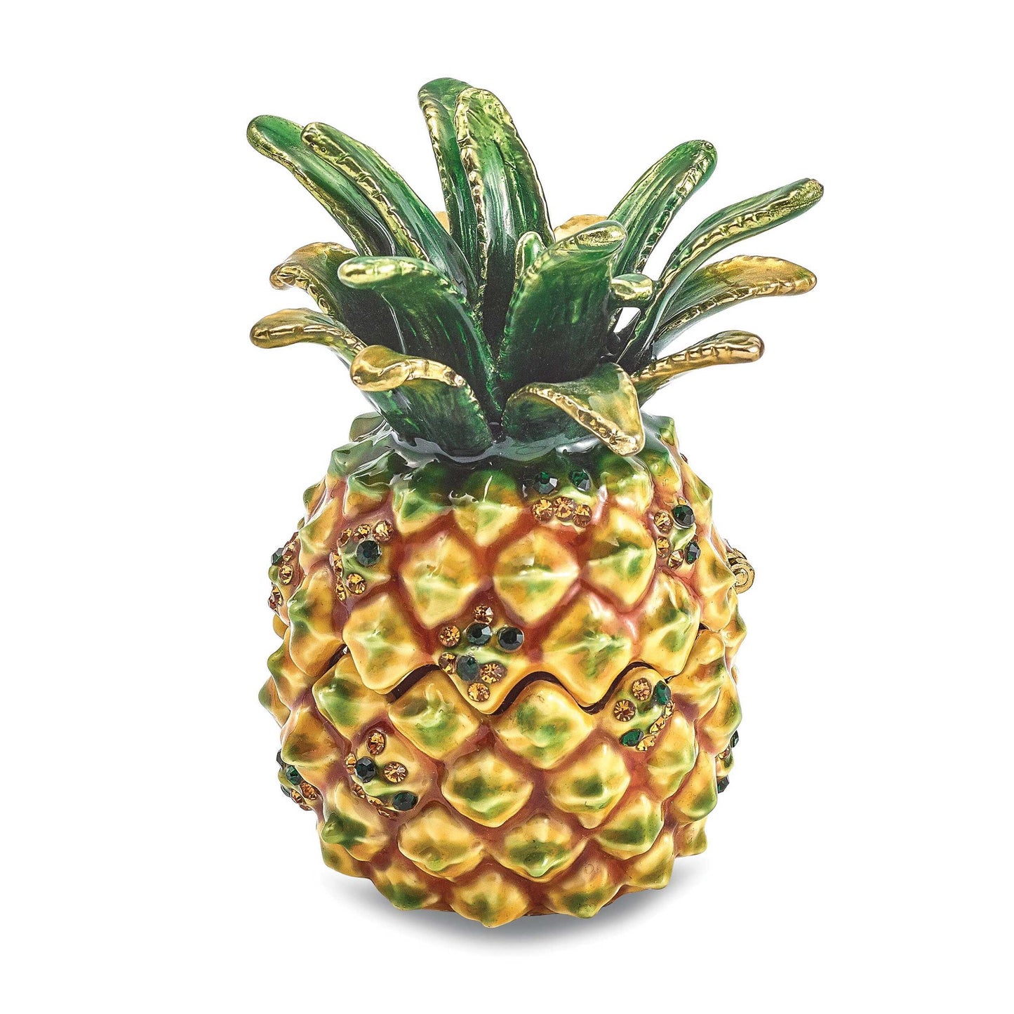 Luxury Giftware Pewter Bejeweled Crystals Gold-tone Enameled GOOD VIBES Golden Pineapple Trinket Box with Matching 18 Inch Necklace Q-BJ4077