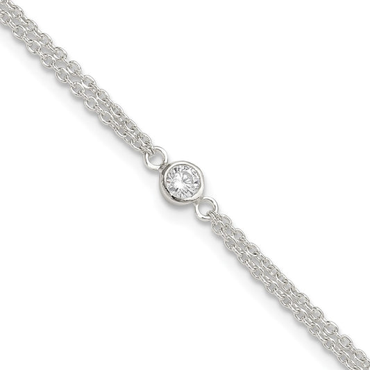 Sterling Silver Bezel CZ 2-Strand 9in Plus 1 in Ext. Anklet