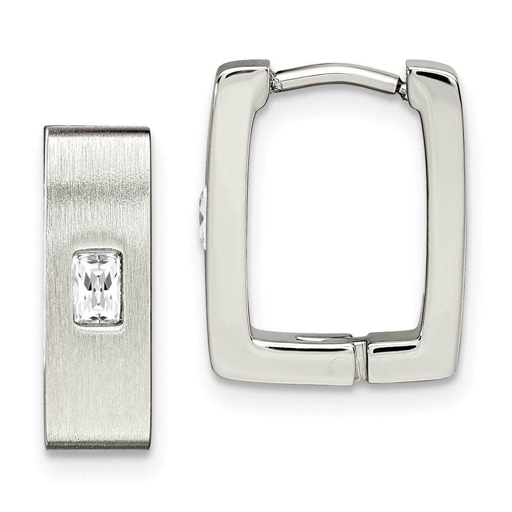 Stainless Steel Brushed & Polished w/CZ 5mm Square Hinged Earrings