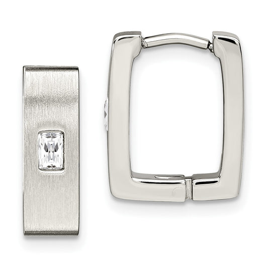 Stainless Steel Brushed & Polished w/CZ 5mm Square Hinged Earrings